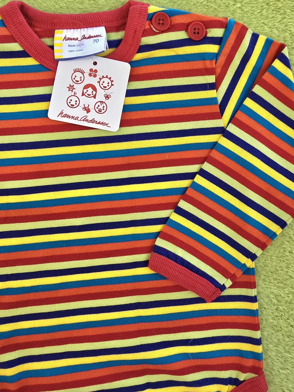 NWT  5-12M  70cm - Unisex BODYSUIT ORGANIC COTTON-VIBRANT Striped L-Sleeve (Q1)